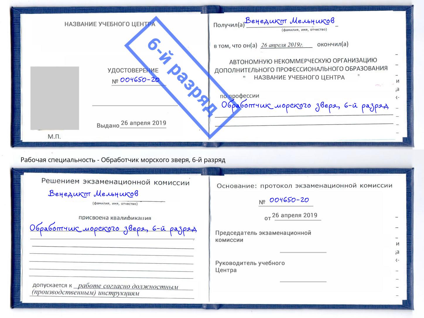 корочка 6-й разряд Обработчик морского зверя Донецк