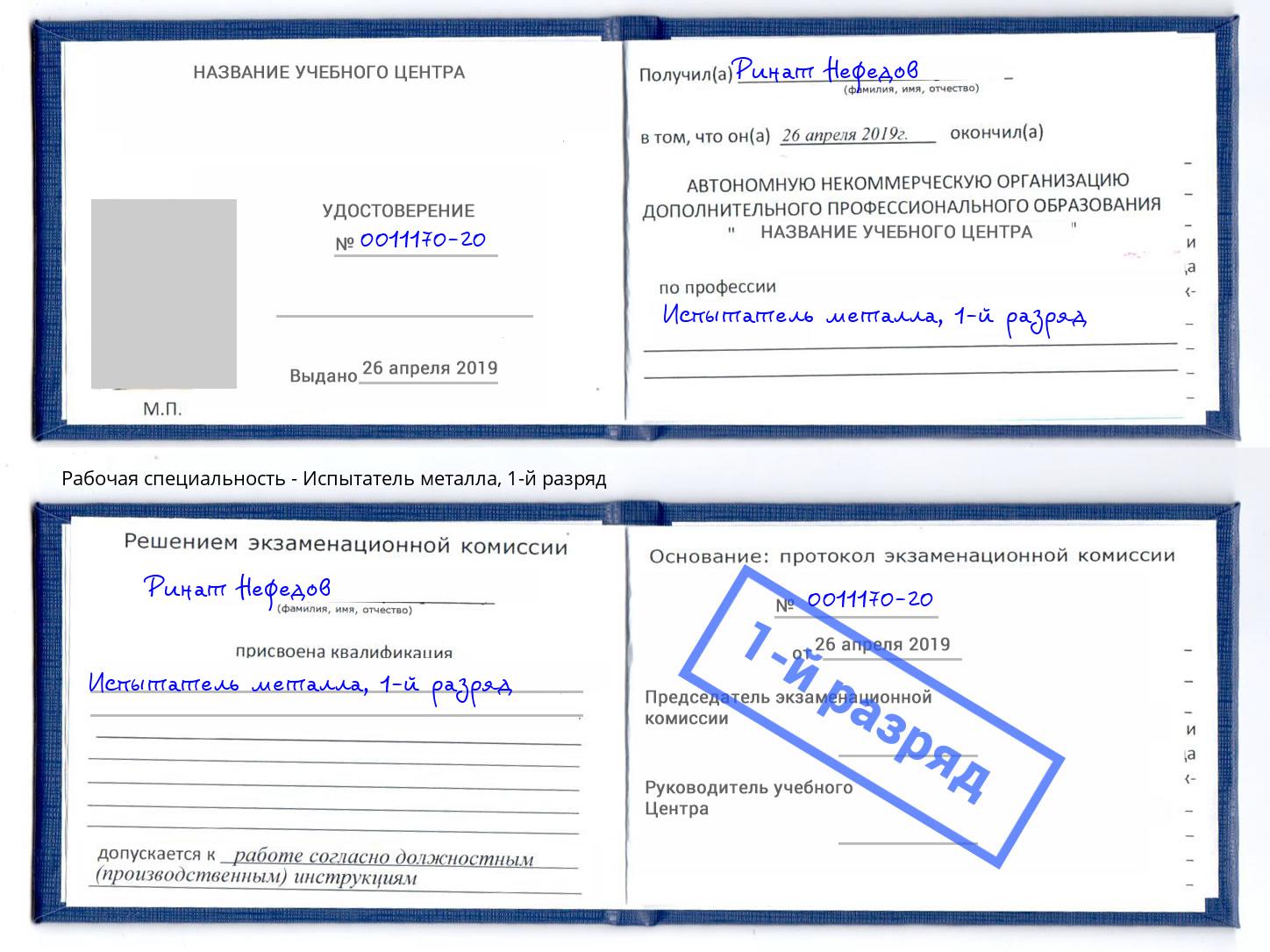 корочка 1-й разряд Испытатель металла Донецк