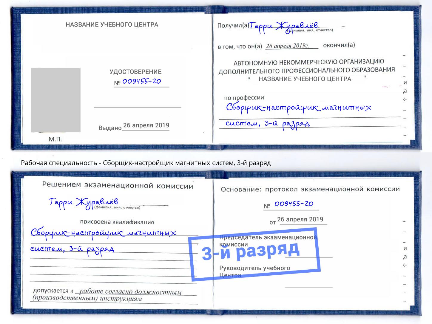 корочка 3-й разряд Сборщик-настройщик магнитных систем Донецк