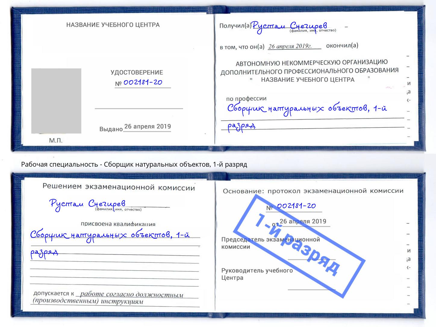 корочка 1-й разряд Сборщик натуральных объектов Донецк