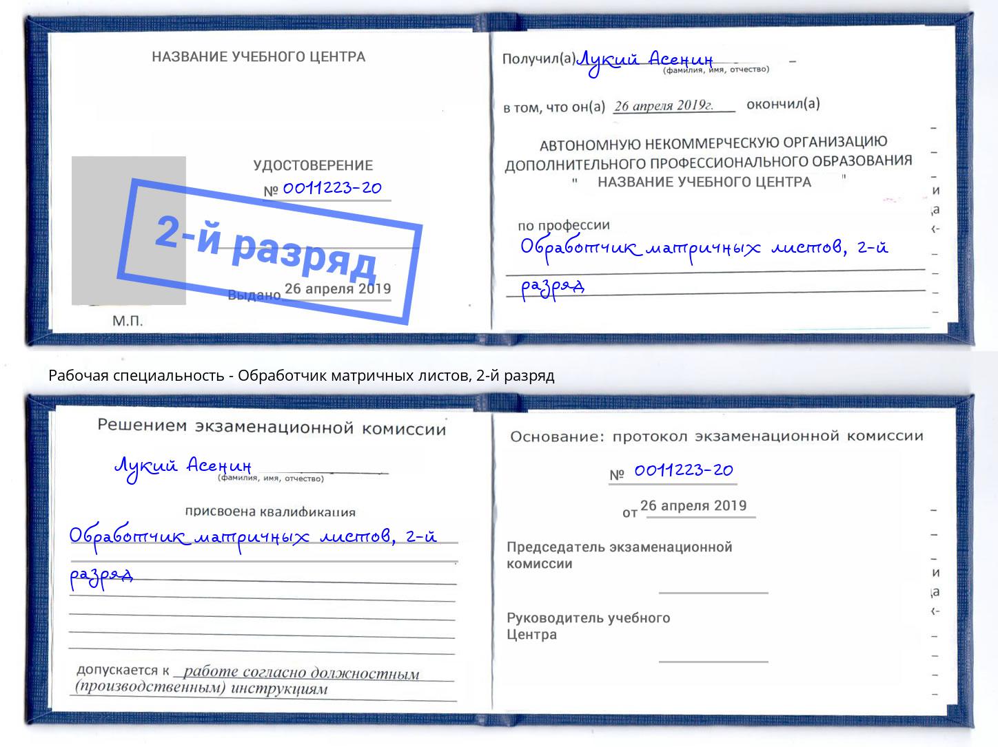 корочка 2-й разряд Обработчик матричных листов Донецк
