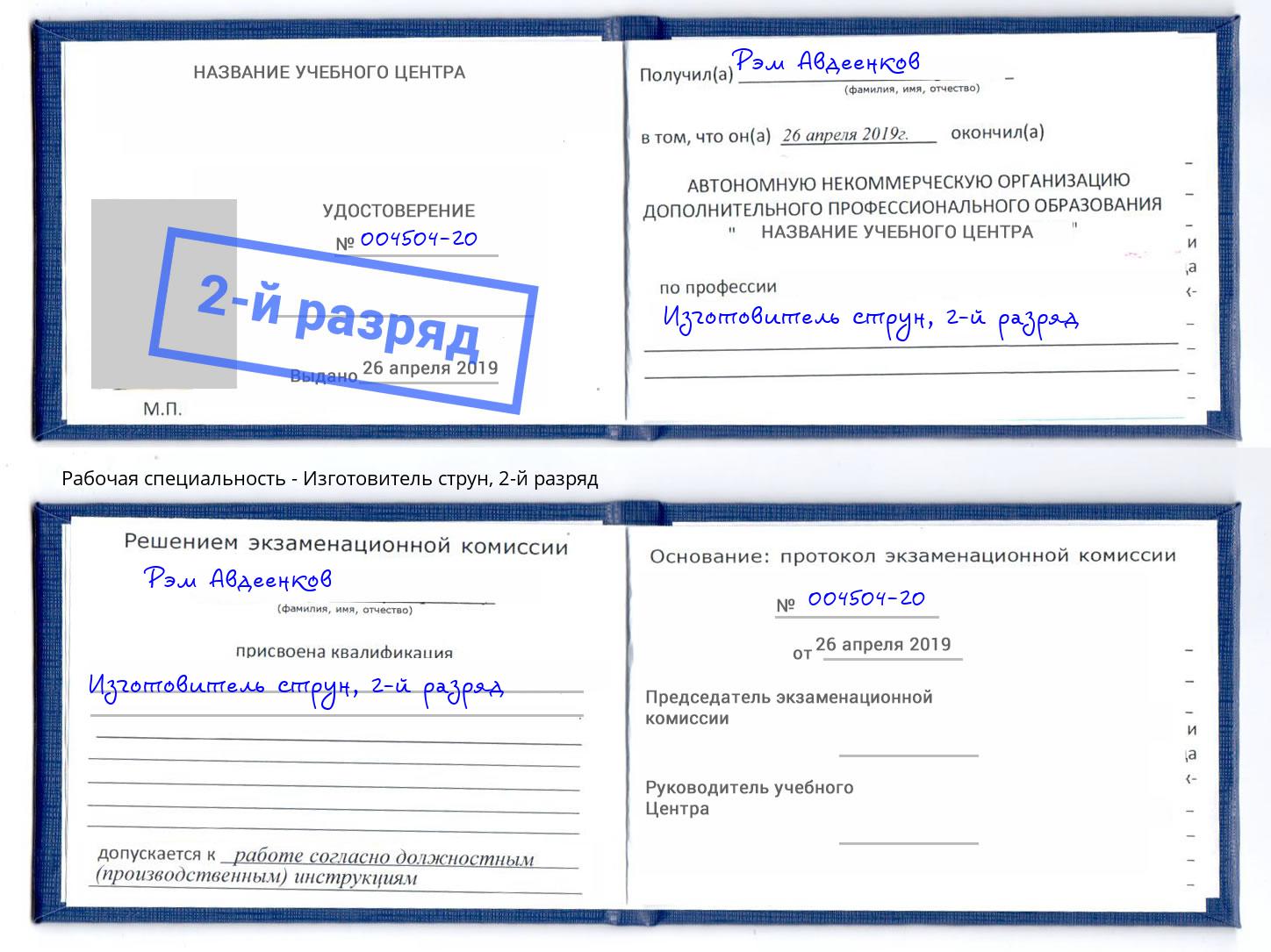 корочка 2-й разряд Изготовитель струн Донецк